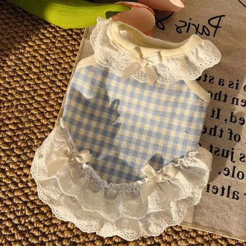 Blue check lace summer vest for small pets for dogs and cats, image 3