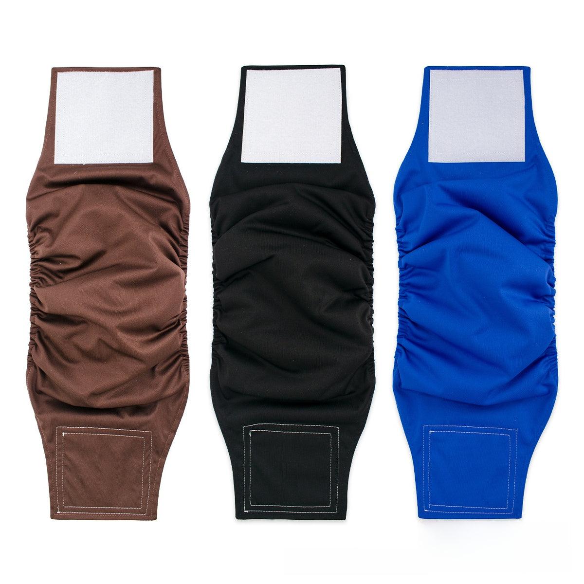 Reusable male dog belly band with waterproof outer layer in Brown, front view
