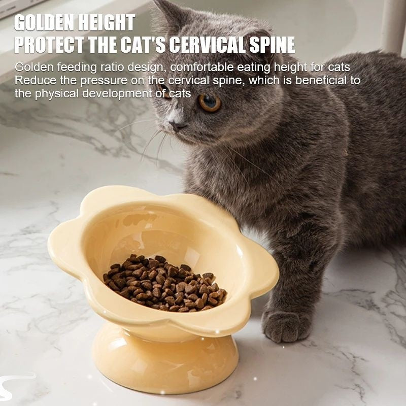 Pink glazed ceramic cat feeding bowl with wide base, view 1