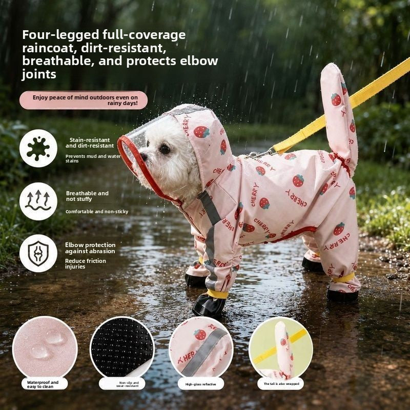 Small dog in a yellow pineapple four leg raincoat