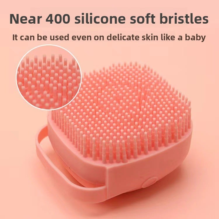 Pet bath brush with shampoo dispenser, close-up detail view