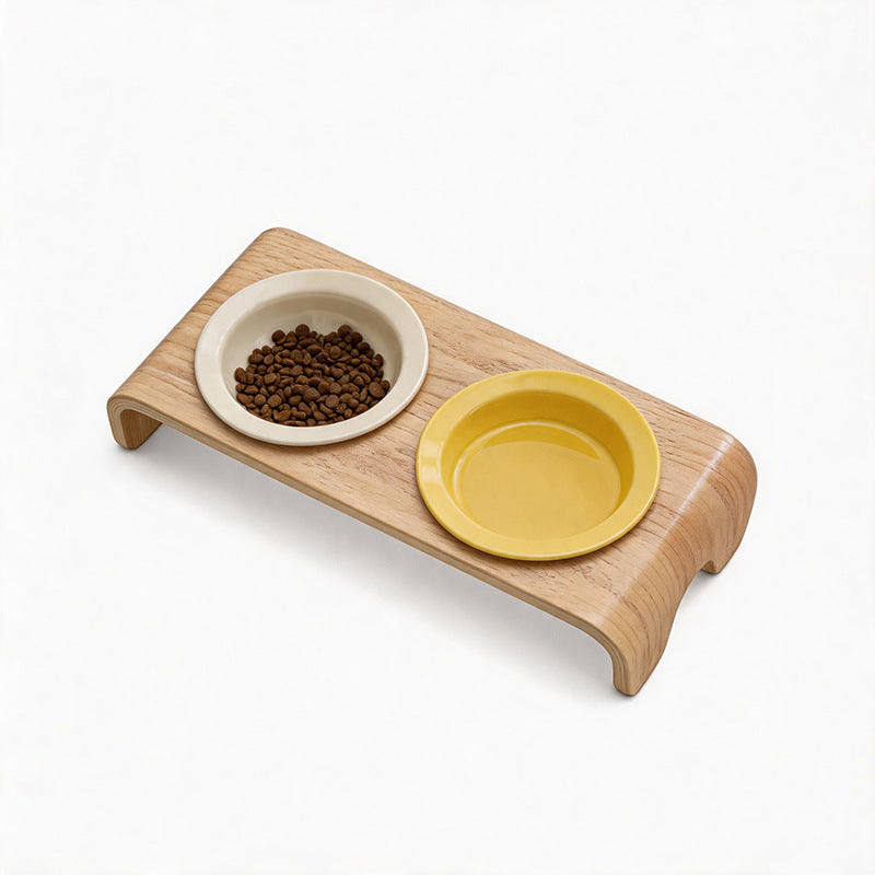 Curved Solid Wood Pet Bowl Stand with Ceramic Double Bowl in Glossy or Matte Colours