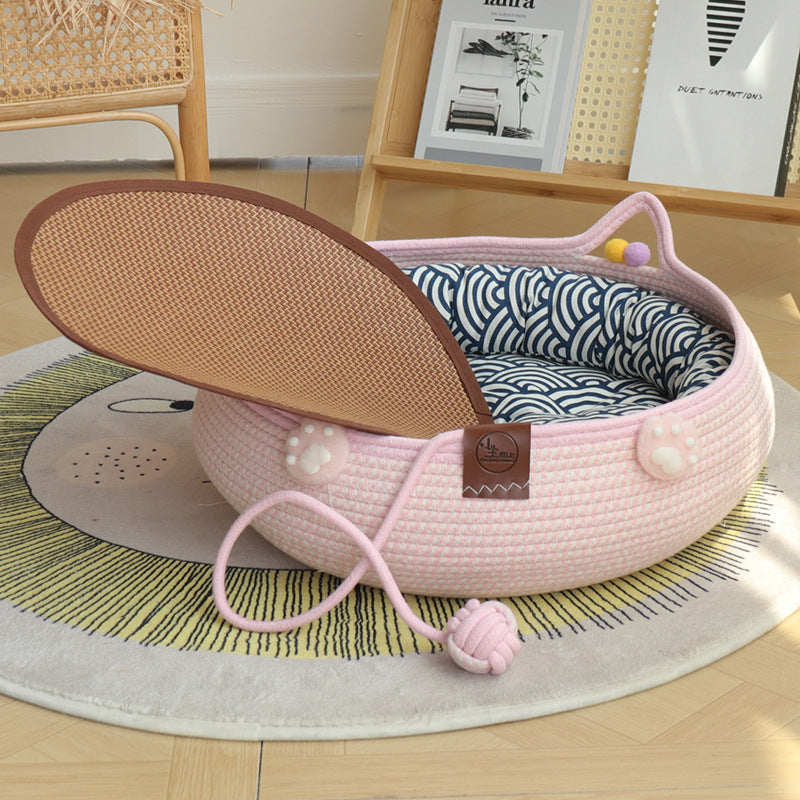 Rattan cat nest with pillow and cotton rope scratcher
