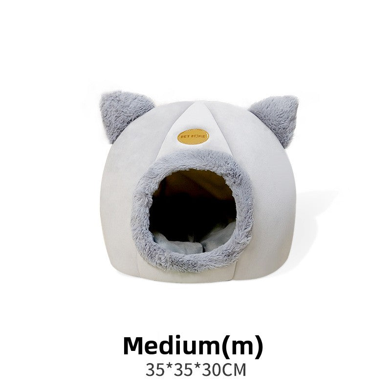 Grey enclosed cat head pet house with washable pad, view 5