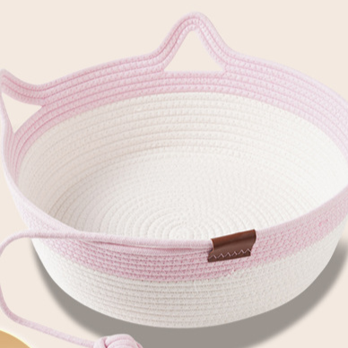 Small woven rattan cat nest in macaron blue with ball, view 3