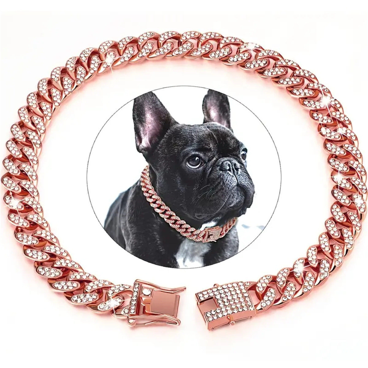 Faux diamond metal chain pet collar in Silver, front view
