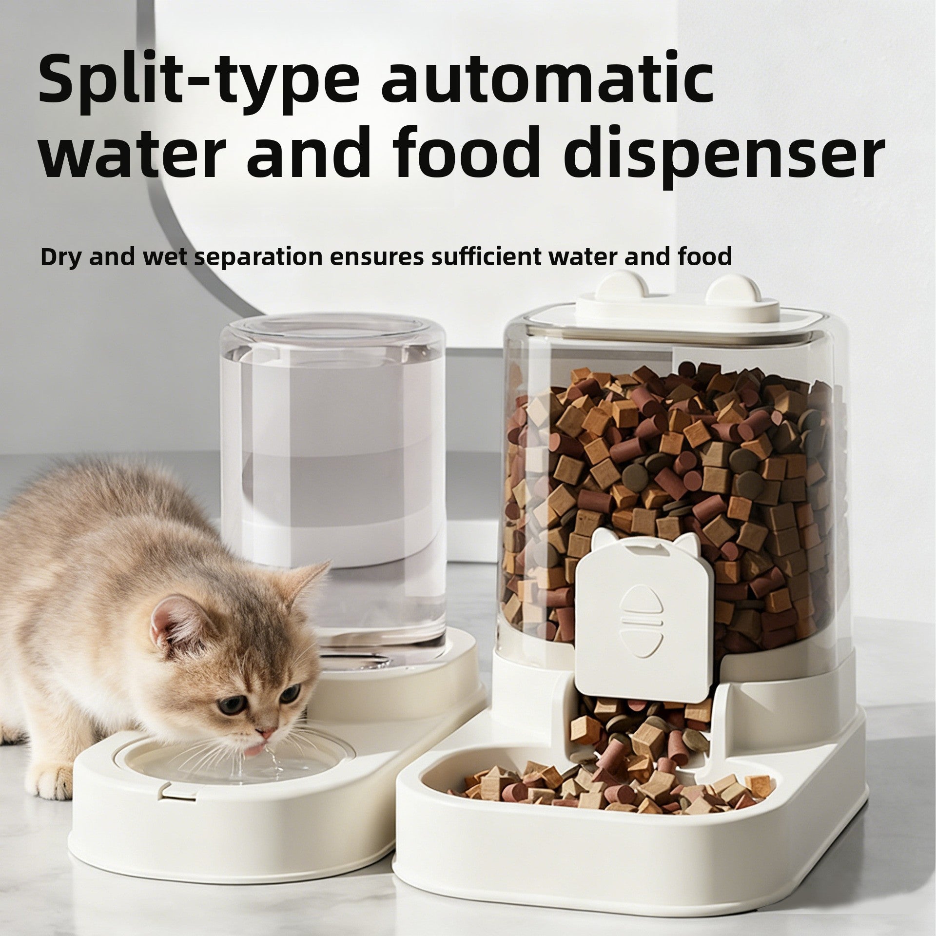 Split-Type Pet Feeder and Waterer with Cat Ear Water Dispenser and Dry-Wet Separation