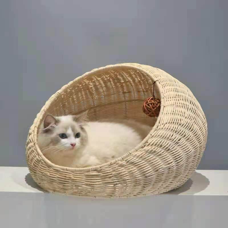Hand woven rattan cat bed with removable washable cushion, view 12 of 23