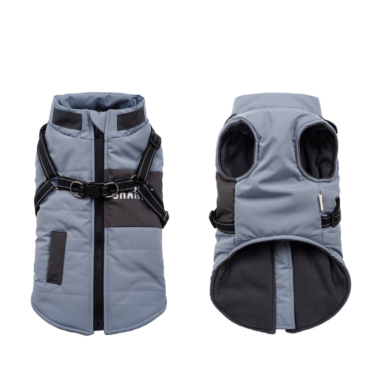Stand collar padded dog winter coat in Taro Purple, showing size and shape