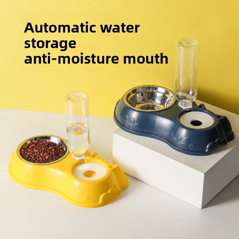Gravity pet feeder and water bottle station with stainless steel bowl, view 2