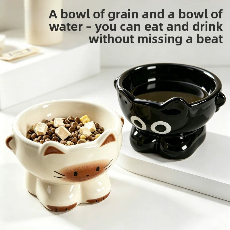 Ceramic cat ear food bowl with tilted rim in off white, view 1