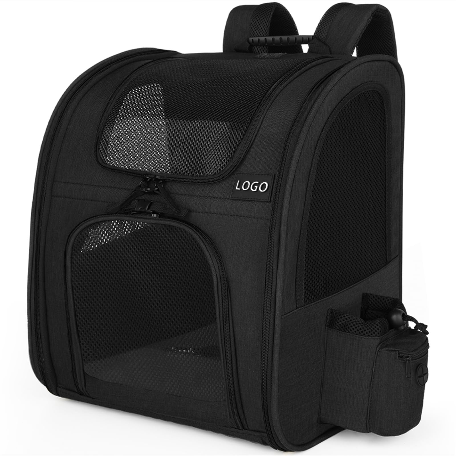 Foldable black pet carrier backpack with breathable mesh panels, view 6 of 6