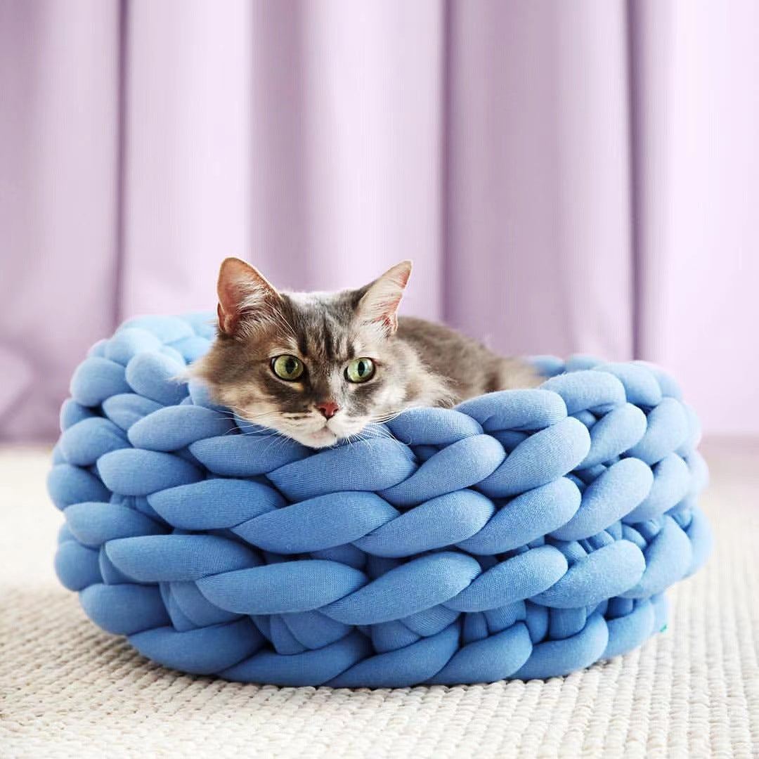 Soft velvet hand-woven round knot pet bed, shown in 14 colours and styles