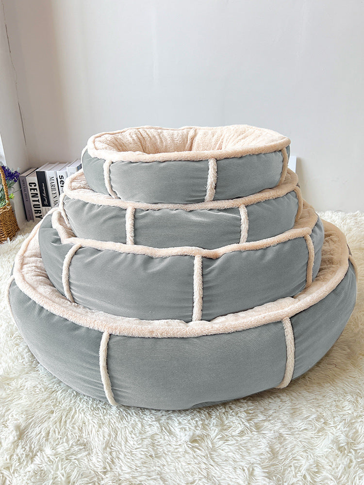 Round plush and corduroy pet bed for dogs and cats, photo 10 of 20
