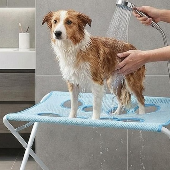 Pink dog washing station folded flat for easy storage