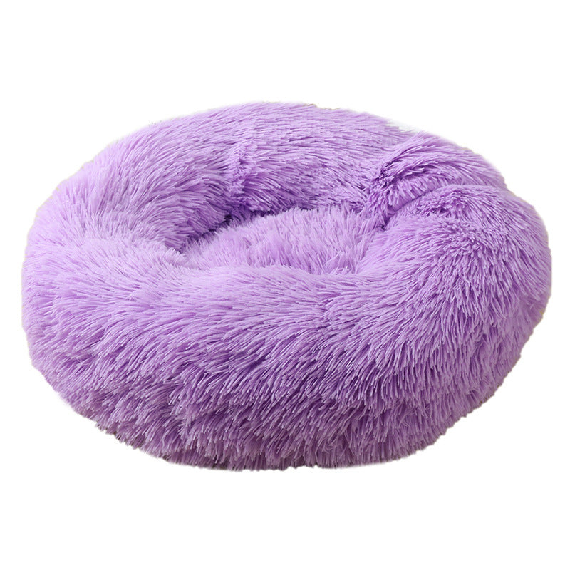 Light grey round long plush pet bed for cats, photo 10