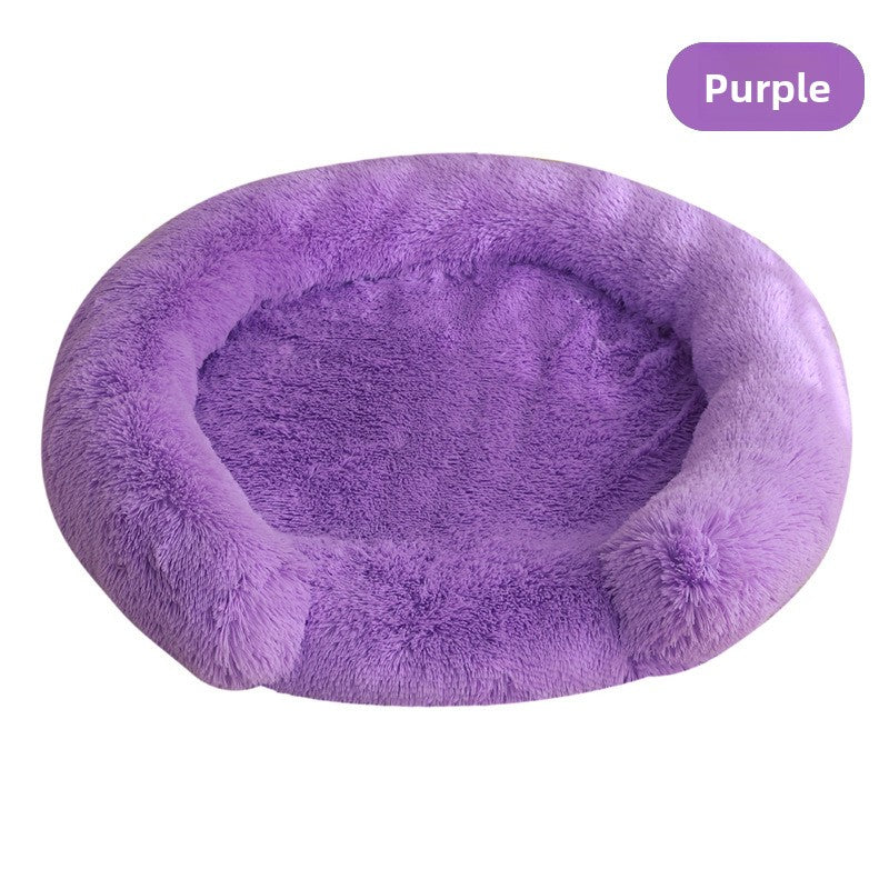 Plush round donut bed for cats and dogs in Purple, full product photo