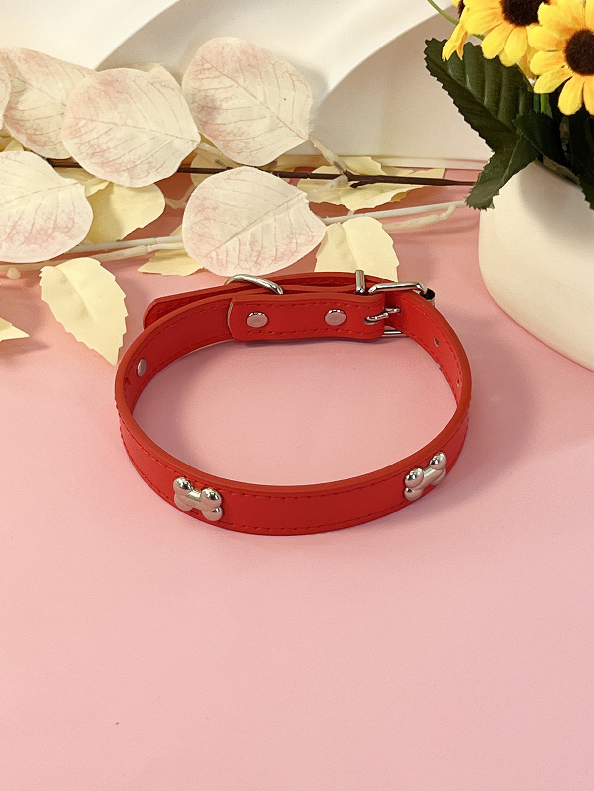 Adjustable PU leather dog collar in Sapphire Blue, in a home setting