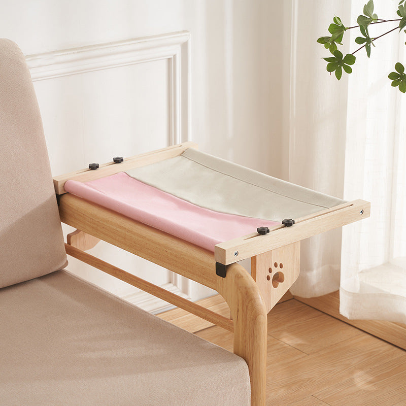 Solid wood cat hammock bed with soft grey cushion, product image 5