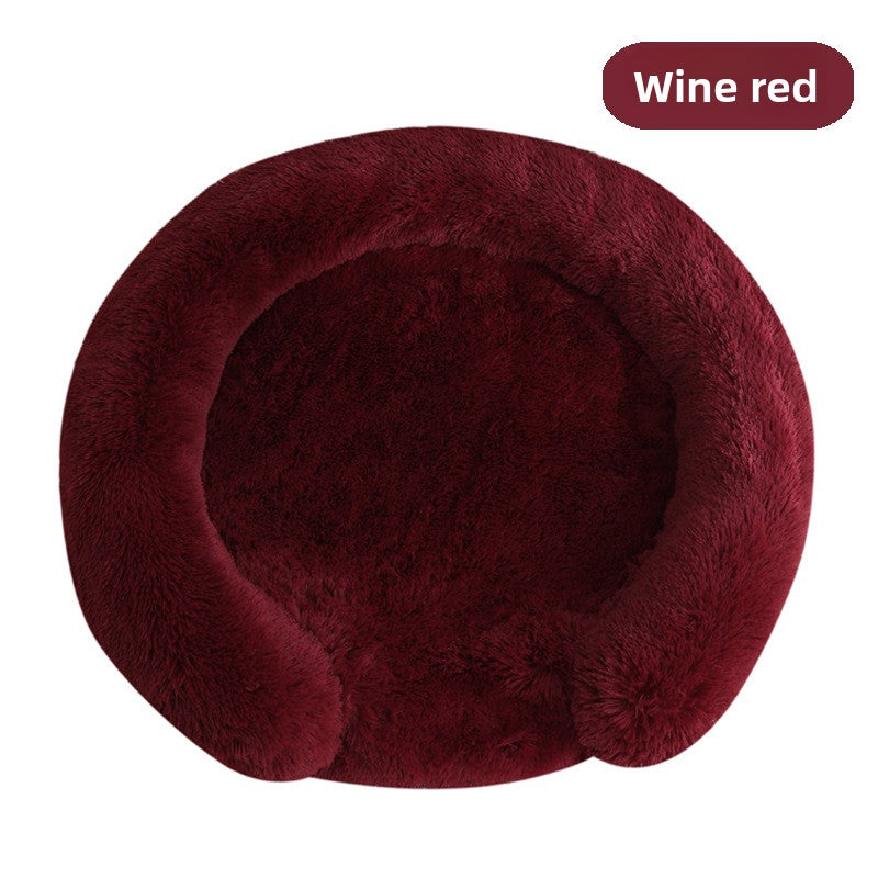 Plush round donut bed for cats and dogs in Coffee, product overview photo
