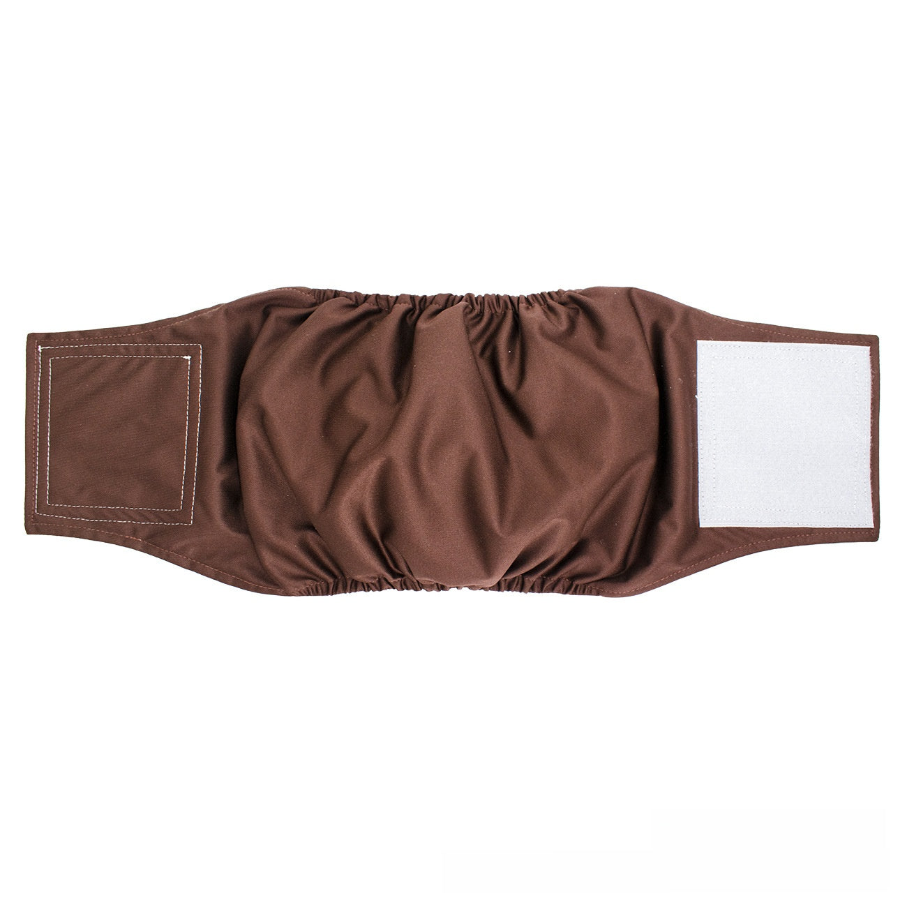 Reusable male dog belly band with waterproof outer layer, in use with a pet