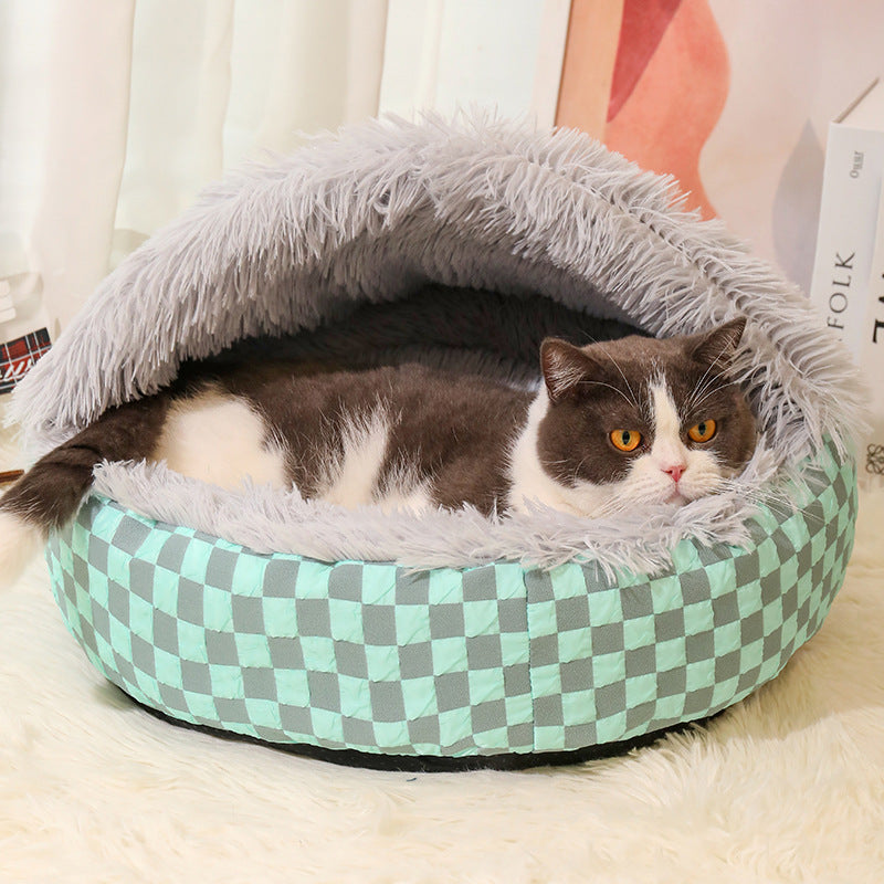 Plaid shell shaped semi enclosed cat bed with plush lining, view 13