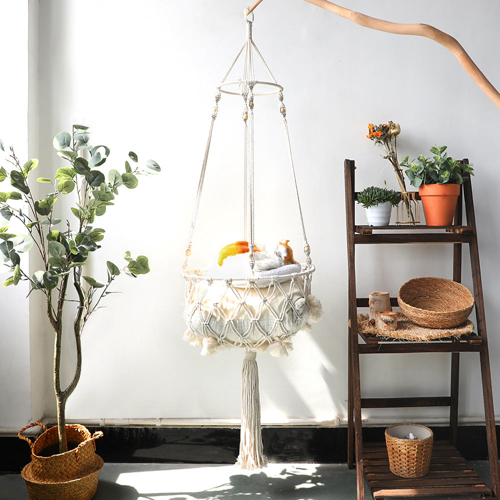 Handwoven bohemian hanging basket bed for cats, product image 1