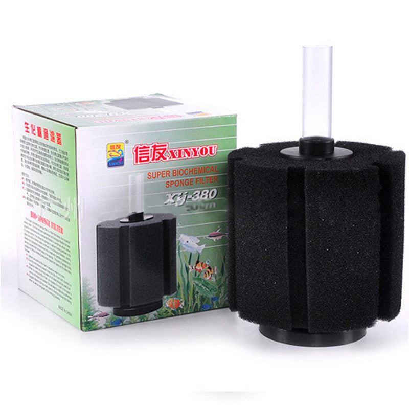 Cylindrical biochemical sponge filter in an aquarium, view 2