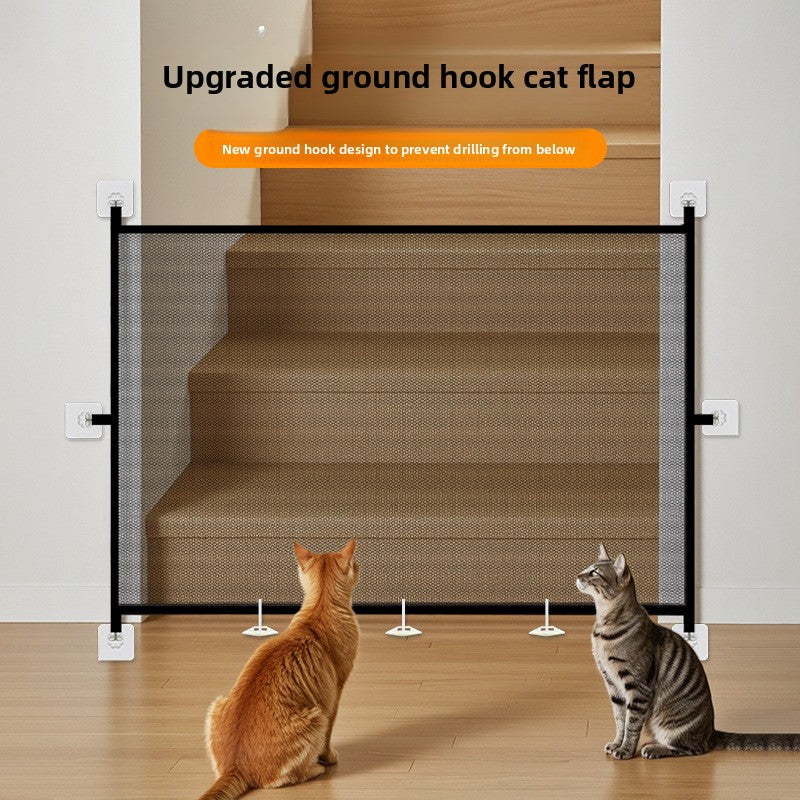 Foldable mesh pet gate barrier across a doorway