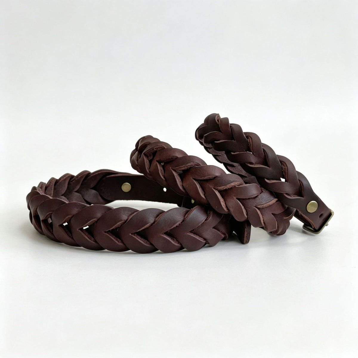 Vintage braided cowhide leather dog collar with bronze buckle, product image 4