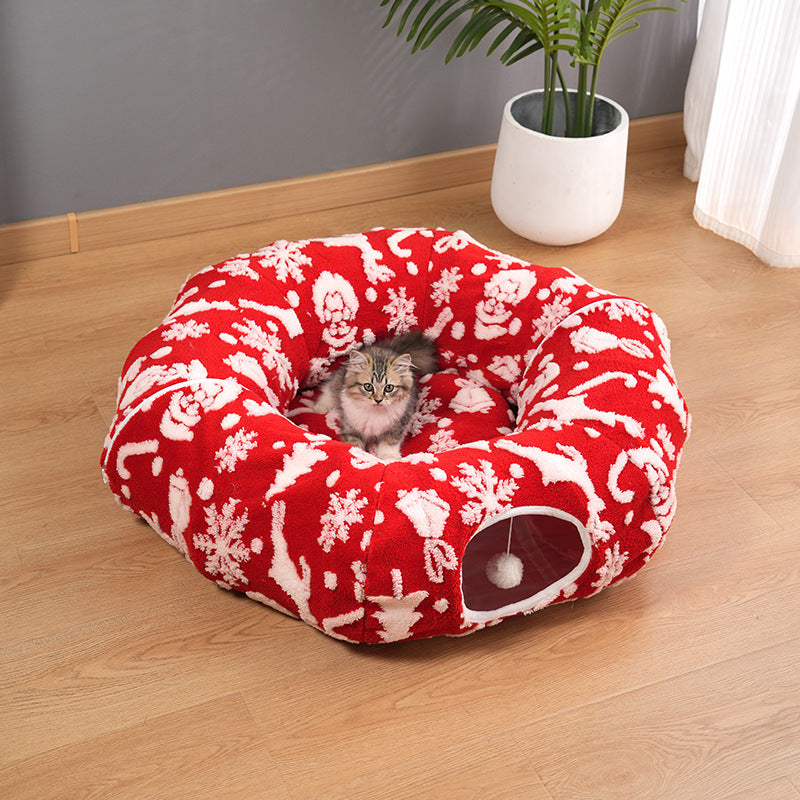 Christmas donut cat tunnel bed with washable plush removable cover - view 2