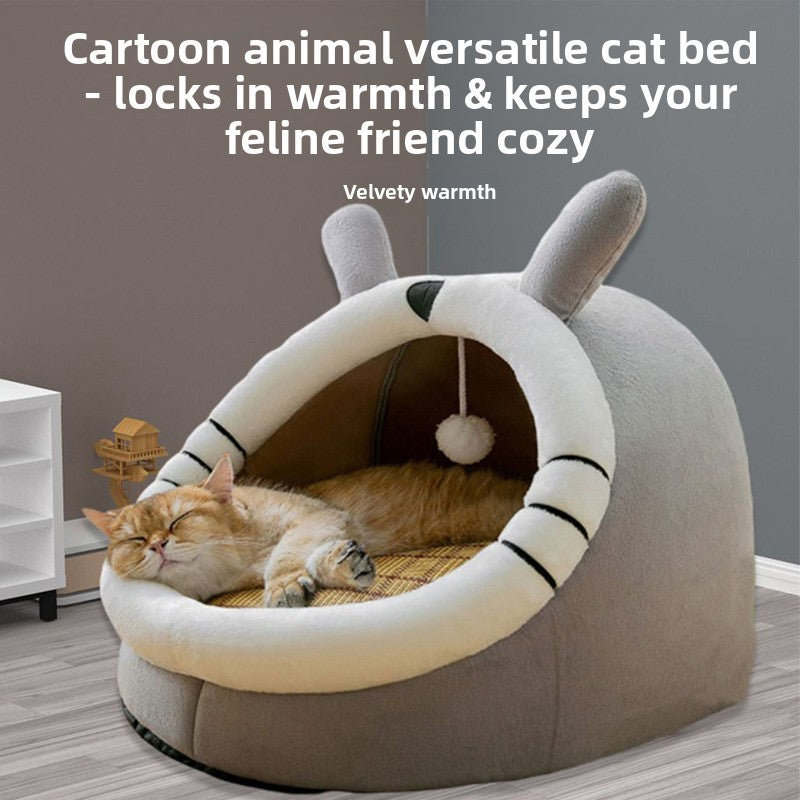 Removable washable grey cat house with cat face, main product photo