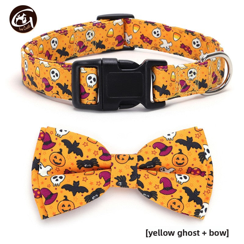 Halloween fabric dog collar with pumpkin print in Green Bat, in use with a pet
