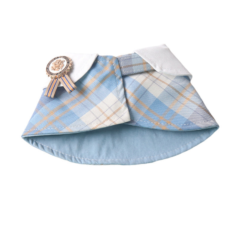 Checked cotton pet cape collar for dogs and cats, in use with a pet