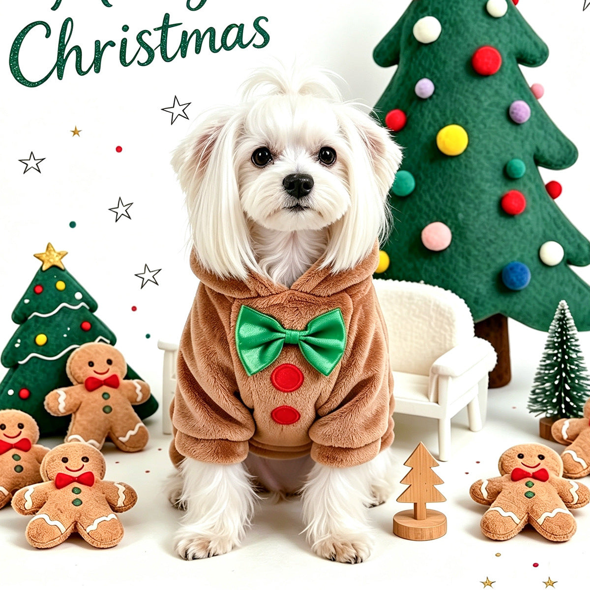 Small dog dressed in a plush gingerbread man costume