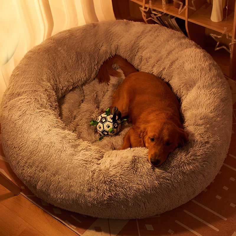 Grey round winter dog bed with matching fleece blanket, photo 2