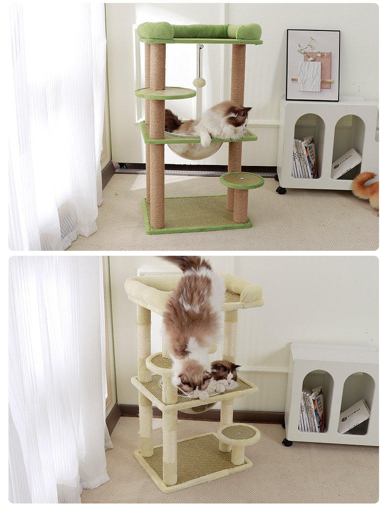Two-tier oval sisal cat nest and climbing frame, close-up detail view