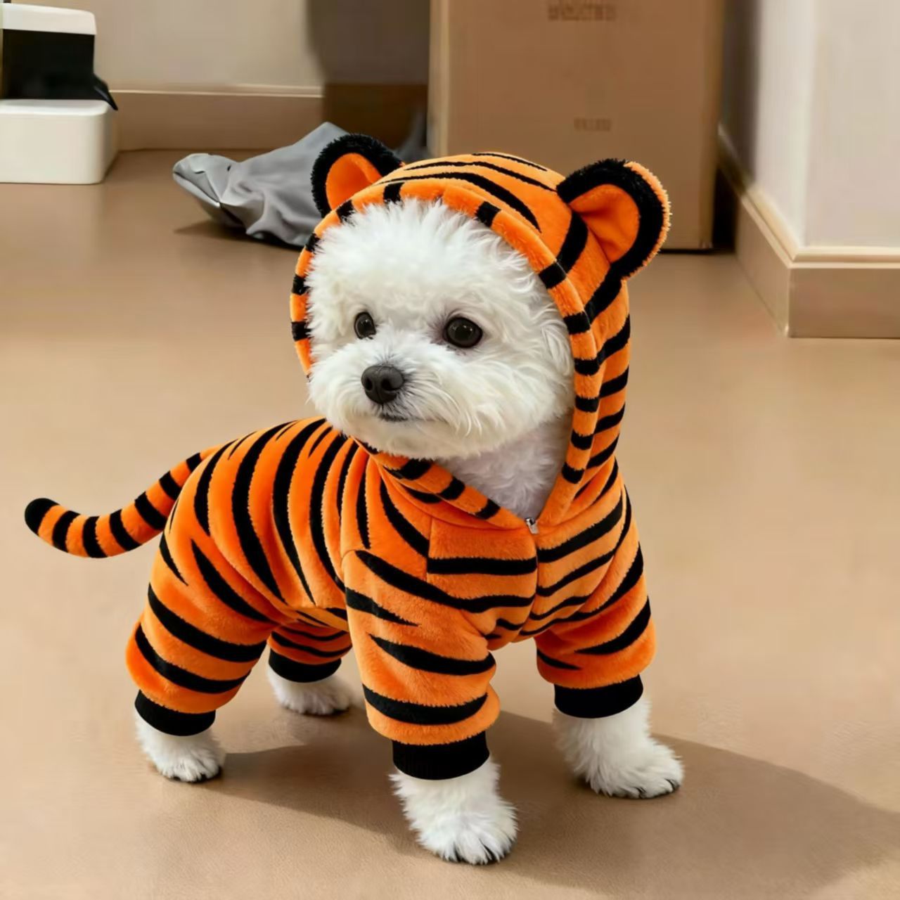 Small dog dressed as a cute yellow tiger