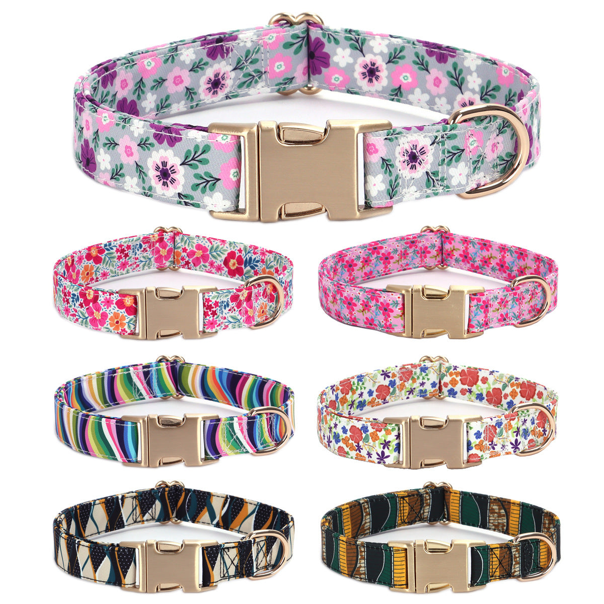 Floral fabric dog collar with gold buckle in Pink Floral Collar, front view