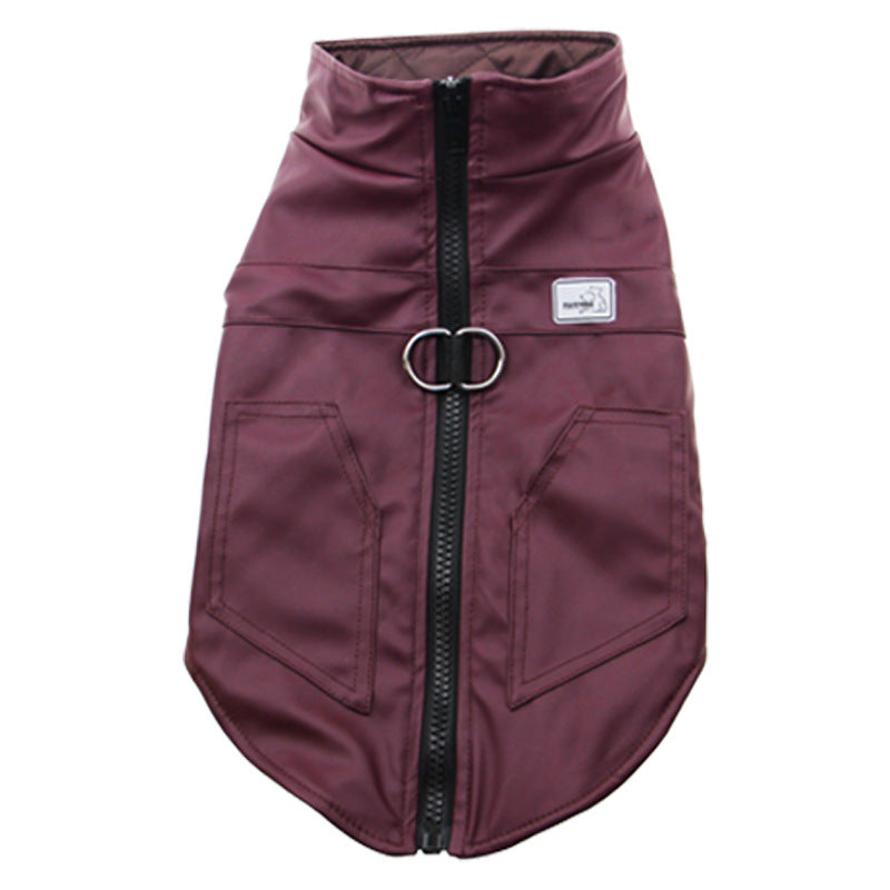 Thick leather-look dog vest jacket for winter in Plum Red, front view