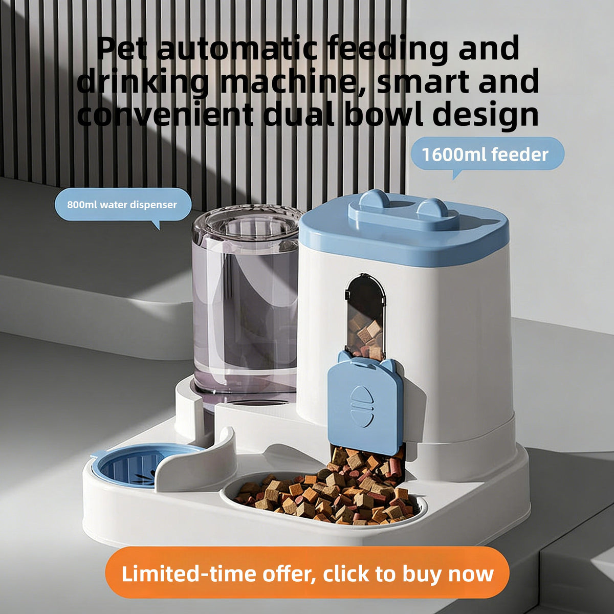 Automatic Pet Food and Water Dispenser with Gravity Feed, 2.3L Food and 1L Water Tank
