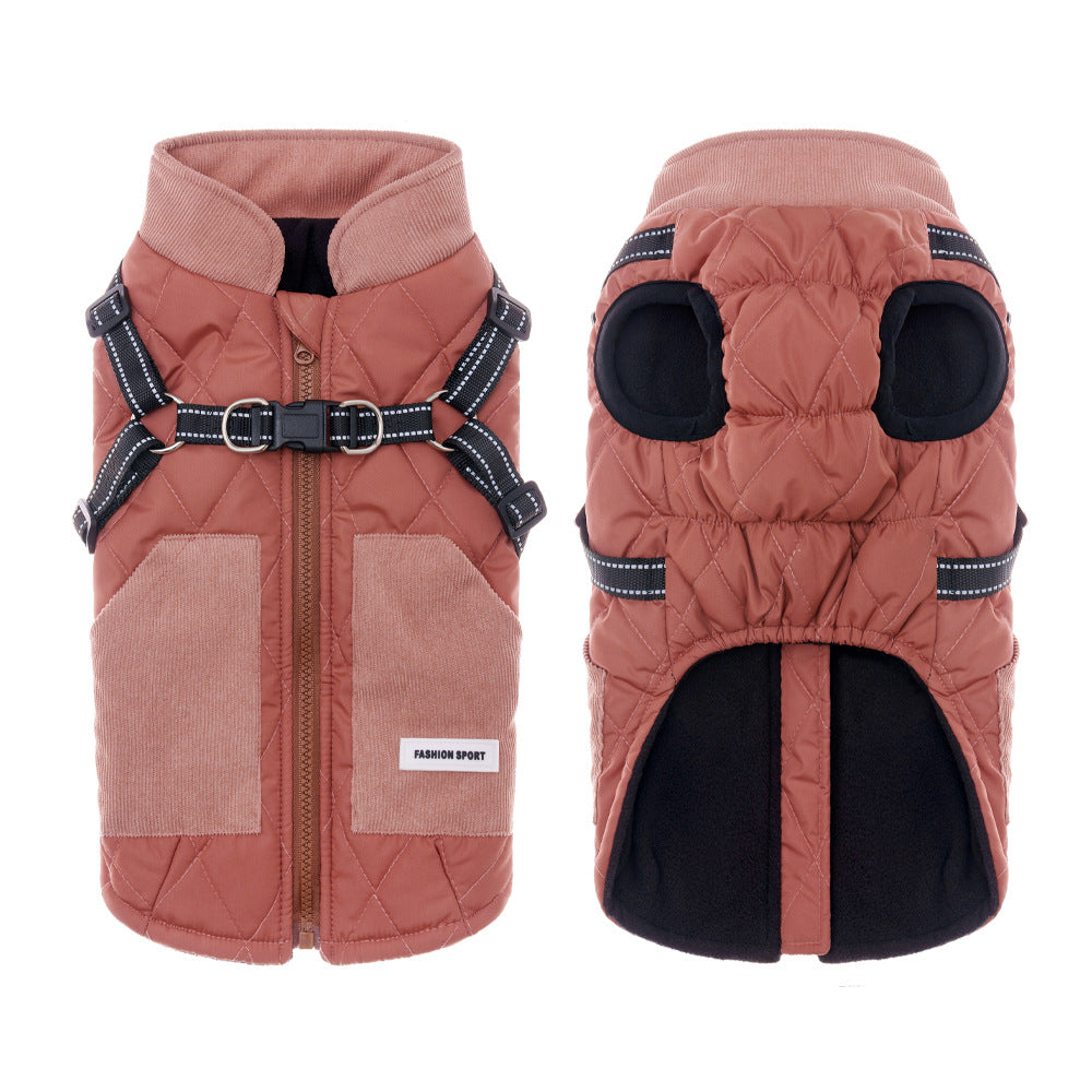 Fleece lined two-leg dog jacket with reflective details in Khaki, showing size and shape
