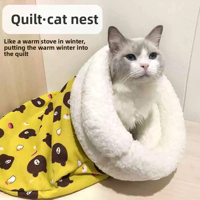 Enclosed tunnel pet bed with cartoon print for cats, view 2