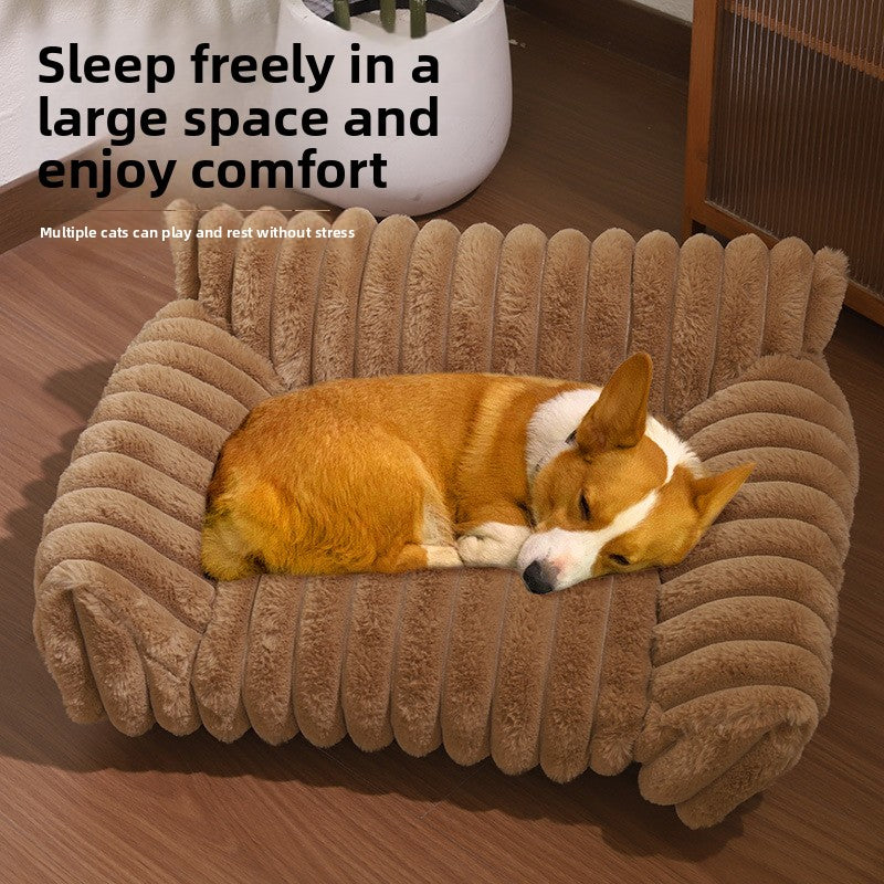 Grey plush pet sofa bed with raised sides for cats and dogs, photo 3
