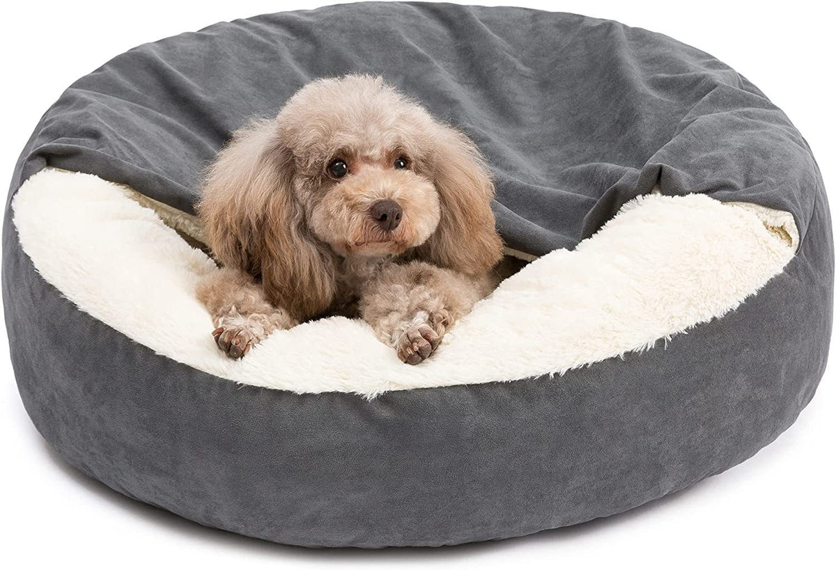 Plush pet house with removable cover and blanket, further angle view
