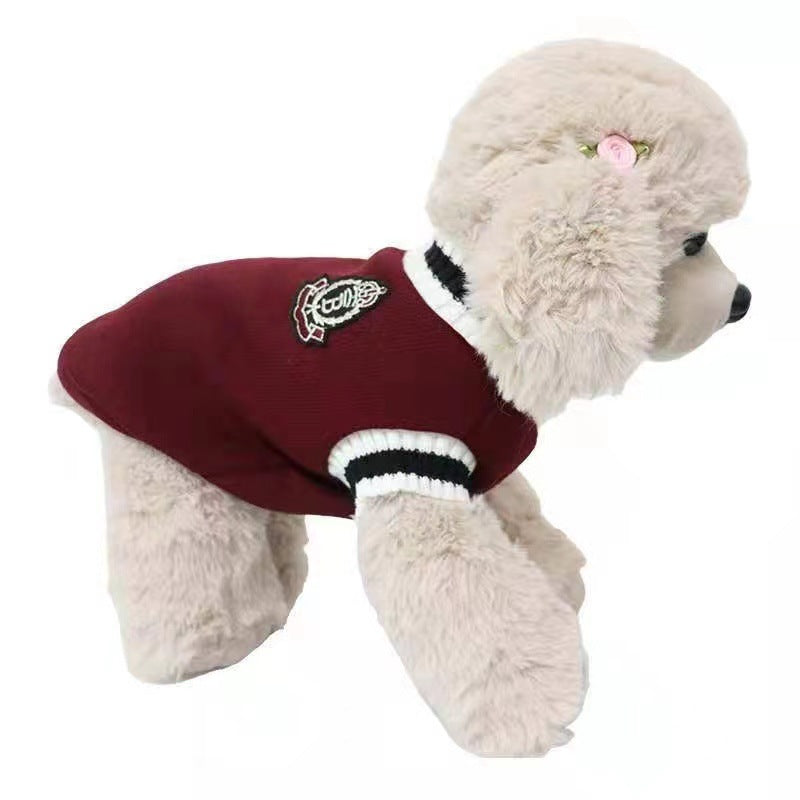 Warm knitted dog vest jumper with pull on design in Grey, in a home setting