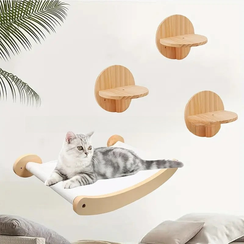 Cat leaping onto a round wall jumping platform