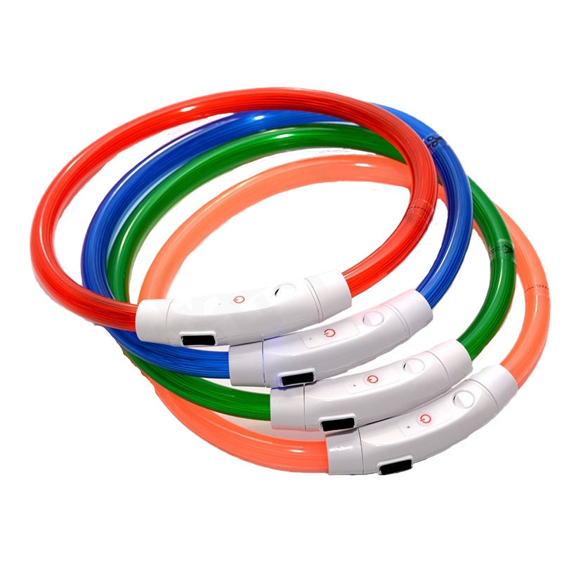 USB rechargeable LED silicone dog collar in Blue Fibre Optic, close-up detail