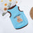 Small dog wearing a light blue striped summer vest