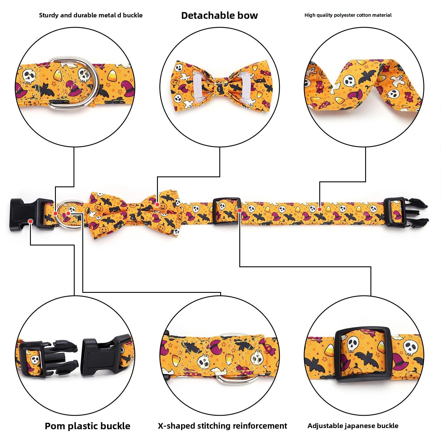Halloween fabric dog collar with pumpkin print in Green Bat, side view